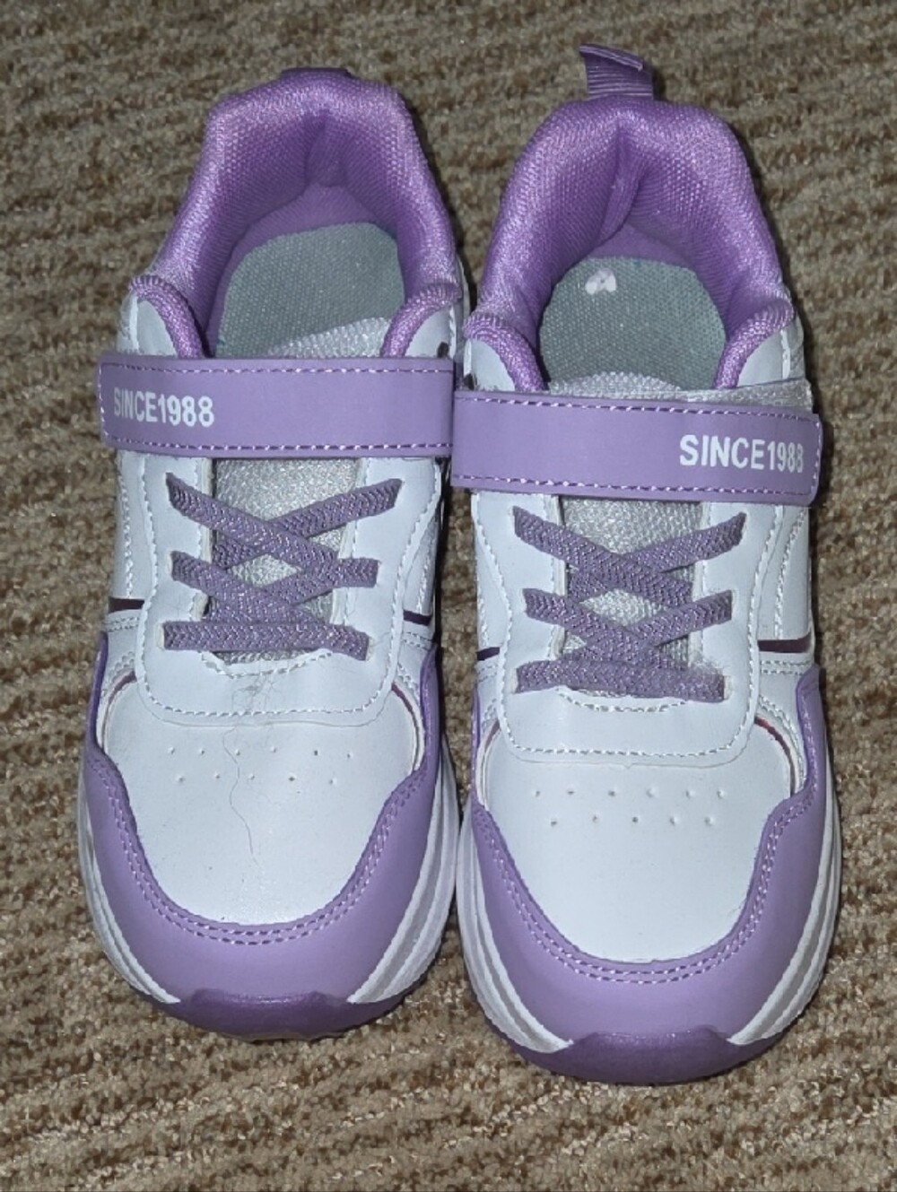 Kids White and Lavender Athletic Sneakers with Hook-and-Loop Strap